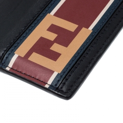 Fendi Black Leather FF Logo Red Stripe Card Case