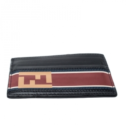 Fendi Black Leather FF Logo Red Stripe Card Case