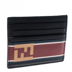 Fendi Black Leather FF Logo Red Stripe Card Case
