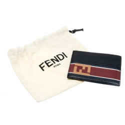 Fendi Black Leather FF Logo Red Stripe Card Case