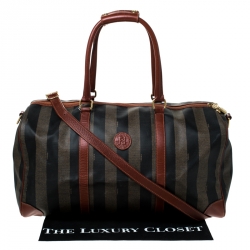 Pre Owned  Fendi Brown/Black Pequin Stripe Coated Canvas and Leather Boston Duffle Bag