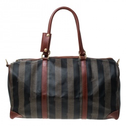Pre Owned  Fendi Brown/Black Pequin Stripe Coated Canvas and Leather Boston Duffle Bag