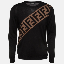 Fendi Black Zucca Intarsia Fleece Wool Sweater L