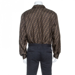 Pre Owned Fendi Brown FF Logo Printed Silk Long Sleeve Shirt XXL