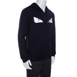 Pre Owned Fendi Navy Blue Wool Eyes Applique Detail Hooded Jacket XL