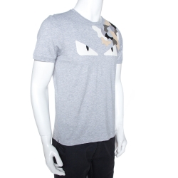 Pre Owned Fendi Grey Cotton Bag Bugs Leather Applique Detail T-Shirt M