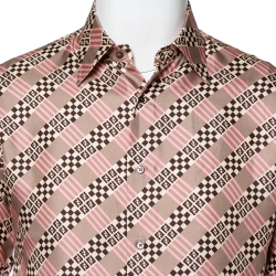 Pre Owned Fendi Pale Pink Logo Printed Silk Satin Short Sleeve Shirt M