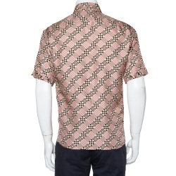 Pre Owned Fendi Pale Pink Logo Printed Silk Satin Short Sleeve Shirt M