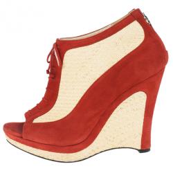 Pre Owned Fendi Red Suede Lace Up Peep Toe Wedge Booties Size 39