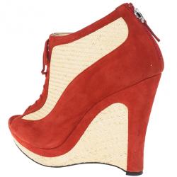 Pre Owned Fendi Red Suede Lace Up Peep Toe Wedge Booties Size 39