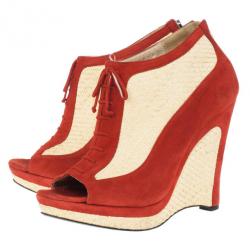 Pre Owned Fendi Red Suede Lace Up Peep Toe Wedge Booties Size 39