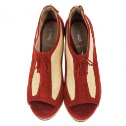 Pre Owned Fendi Red Suede Lace Up Peep Toe Wedge Booties Size 39