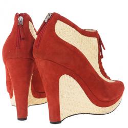 Pre Owned Fendi Red Suede Lace Up Peep Toe Wedge Booties Size 39
