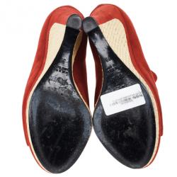 Pre Owned Fendi Red Suede Lace Up Peep Toe Wedge Booties Size 39