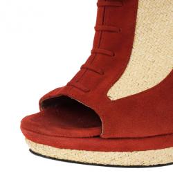 Pre Owned Fendi Red Suede Lace Up Peep Toe Wedge Booties Size 39