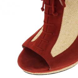 Pre Owned Fendi Red Suede Lace Up Peep Toe Wedge Booties Size 39