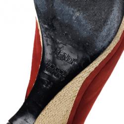 Pre Owned Fendi Red Suede Lace Up Peep Toe Wedge Booties Size 39