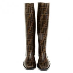 Pre Owned Fendi Tobacco Zucca Rubber Wedge Rain Boots Size 36