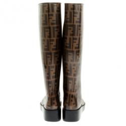 Pre Owned Fendi Tobacco Zucca Rubber Wedge Rain Boots Size 36