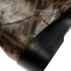 Pre Owned Fendi Tobacco Zucca Rubber Wedge Rain Boots Size 36