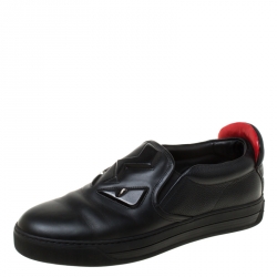 Fendi Black Leather Monster 3D Eyes Slip On Sneakers Size 42