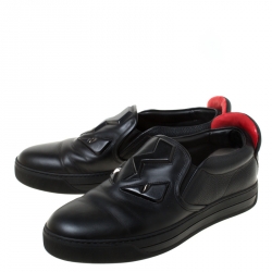 Fendi Black Leather Monster 3D Eyes Slip On Sneakers Size 42