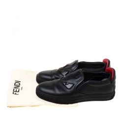 Fendi Black Leather Monster 3D Eyes Slip On Sneakers Size 42