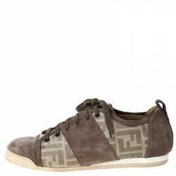 Fendi Beige Monogram Canvas And Suede Cap Toe Sneakers Size 42