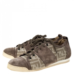 Fendi Beige Monogram Canvas And Suede Cap Toe Sneakers Size 42