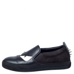 مملوكة مسبقًا Fendi Black Suede Leather Bag Bugs Spike Slip On Sneakers Size 42