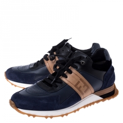 Pre Owned Fendi Blue Suede and Leather FF Logo Band Lace Up Sneakers Size 42
