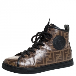 Fendi Brown Zucca Coated Canvas Lace Up High Top Sneakers Size 38
