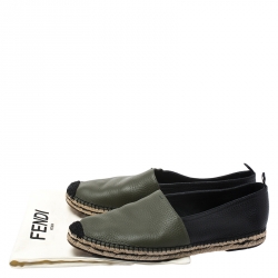 Pre Owned Fendi Green/Black Leather Espadrille Loafers Size 43