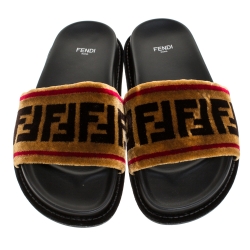Fendi Brown Zucca Velvet Flat Slides Sandals Size 39