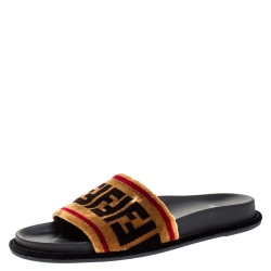 Fendi Brown Zucca Velvet Flat Slides Sandals Size 39