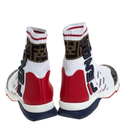 Pre Owned Fendi White Cotton Knit And Leather Fendi-Fila Mania Logo Sock Sneakers Size 41