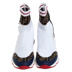 Pre Owned Fendi White Cotton Knit And Leather Fendi-Fila Mania Logo Sock Sneakers Size 41