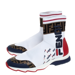 Pre Owned Fendi White Cotton Knit And Leather Fendi-Fila Mania Logo Sock Sneakers Size 41