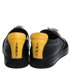 Pre Owned Fendi Black/Yellow Leather and Suede Fur Detail Monster Slip On Sneakers Size 42