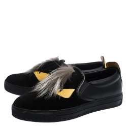 Pre Owned Fendi Black/Yellow Leather and Suede Fur Detail Monster Slip On Sneakers Size 42