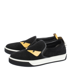 Fendi Black Suede and Leather Monster 3D Eyes Slip On Sneakers Size 40