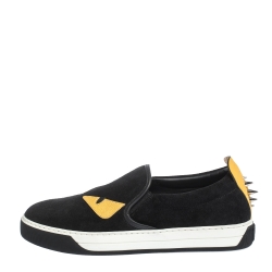 Fendi Black Suede and Leather Monster 3D Eyes Slip On Sneakers Size 40