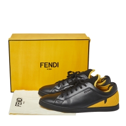 Fendi Black/Yellow Leather And Mesh Corner Bugs Low Top Sneakers Size 44