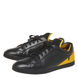 Fendi Black/Yellow Leather And Mesh Corner Bugs Low Top Sneakers Size 44