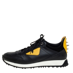 مملوكة مسبقًا Fendi Black/Yellow Leather Bag Bugs Spiked Low Top Sneakers Size 43