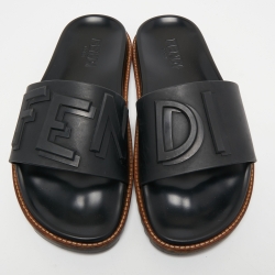 Fendi Black Rubber Logo Embossed Slides Size 41