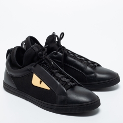 Pre Owned Fendi Black Leather and Fabric Monster Eye Mid Top Sneakers Size 43