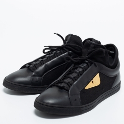 Pre Owned Fendi Black Leather and Fabric Monster Eye Mid Top Sneakers Size 43