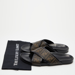 Fendi Brown/Black Zucca Coated Canvas and Leather Crisscross Slide Sandals Size 45