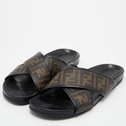 Fendi Brown/Black Zucca Coated Canvas and Leather Crisscross Slide Sandals Size 45